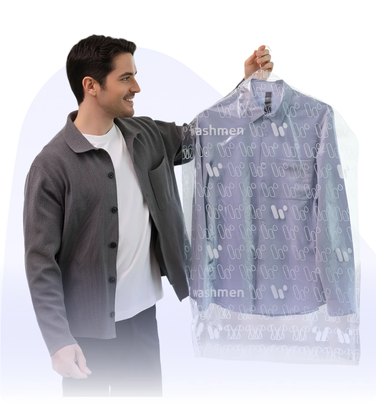 a man holding a plastic swinger with a shirt on it