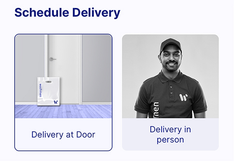 Graphic illustrating delivery options. Left side shows a delivery bag at an open door labeled 'Delivery at Door.' Right side features a smiling delivery person wearing a uniform, labeled 'Delivery in person.'