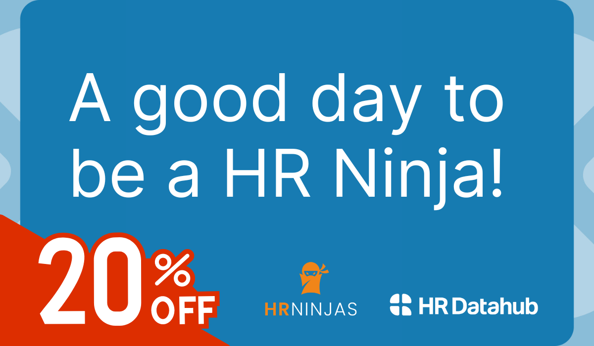 Blue banner with "A good day to be a HR Ninja!" and "20% off" offer from HR DataHub and HR Ninjas.