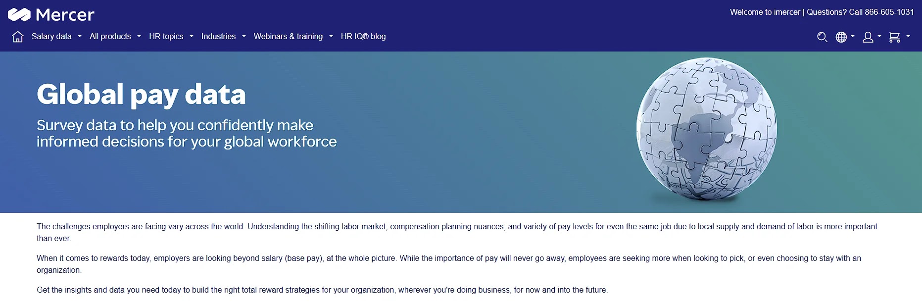 Screenshot of Mercer Salary Benchmarking’s global pay data webpage