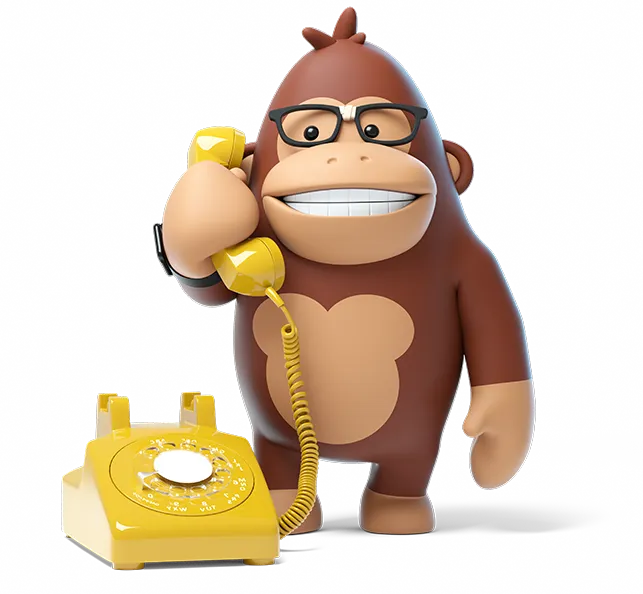 3D-renderad gorilla med glasögon som pratar i en gul telefon med nummerskiva
