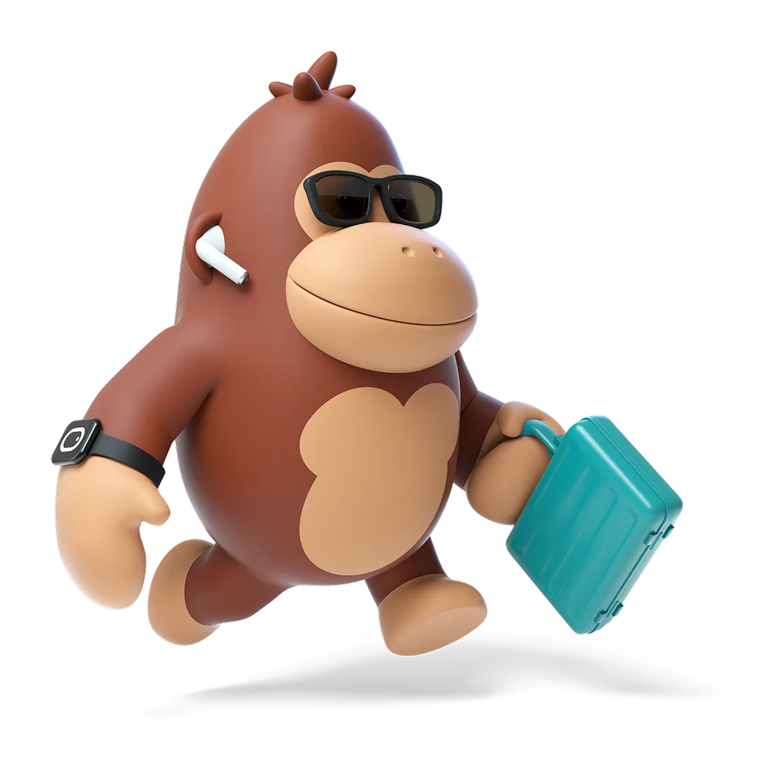 3D-renderad gorilla med solglasögon, trådlösa hörlurar och smartklocka som bär en portfölj