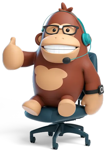3D-renderad gorilla med headset som sitter i en kontorsstol och gör tummen upp