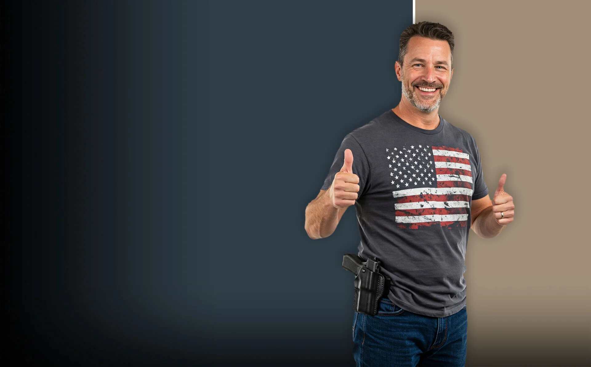 Man giving thumbs up with American flag on shirt and firearm holstered