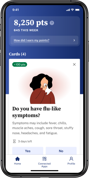 A screenshot of the Evidation app on a phone. It shows a snapshot of the home page, with a card that reads, "Do you have flu-like symptoms?".