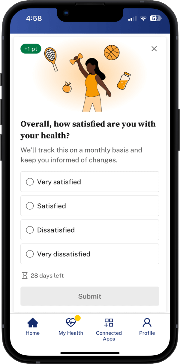 A screenshot of the Evidation app with a survey asking, "Overall, how satisfied are you with your health?"