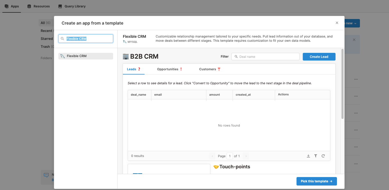 Create Retool app template for flexible CRM