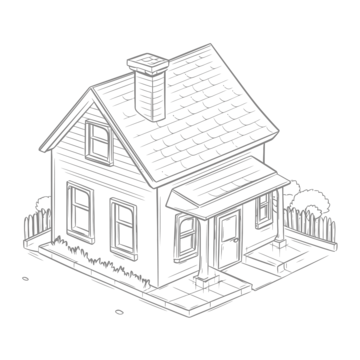 Detailed grayscale outline sketch of a small house with a chimney, pitched roof, front porch, and surrounding bushes.