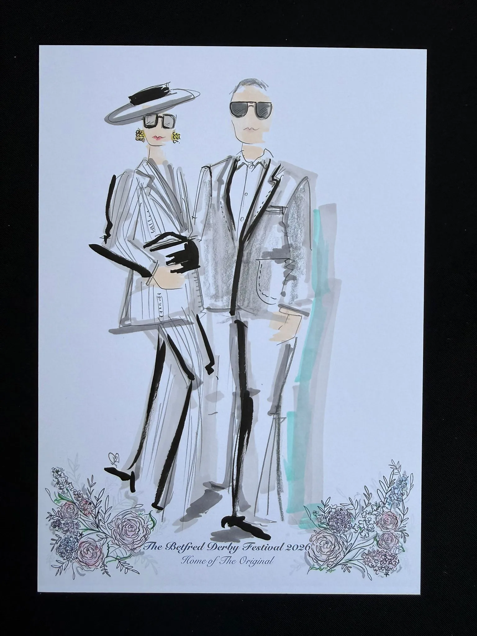 Illustration of a stylishly dressed man and woman wearing sunglasses at the Betfred Derby Festival.