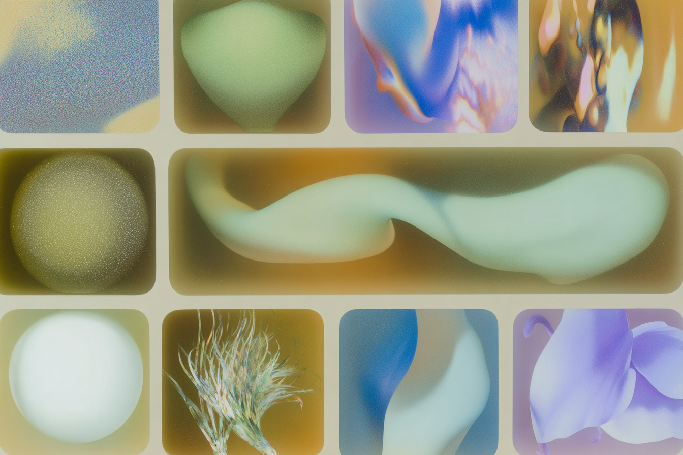 Flat lay of modern brand identity elements, logo variations, color palette swatches, typography samples, minimal grid layout, soft shadows, paper textures.