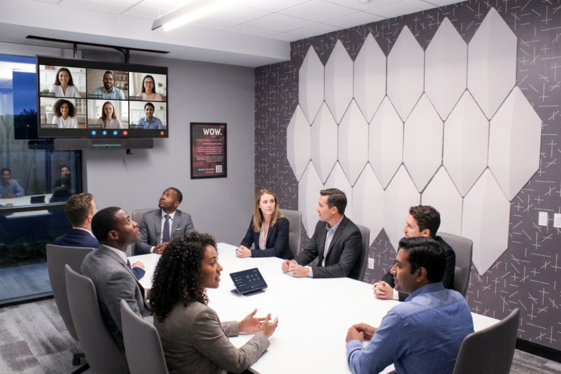 Modern conference room with gray chairs around a white table, a wall-mounted screen displaying 'nextspace,' and a geometric patterned wall.