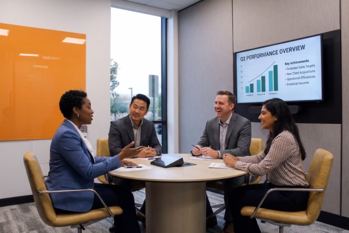 Modern conference room with round table, four mustard-colored chairs, large orange wall panel, window with parking lot view, and wall-mounted screen displaying 'nextspace'.