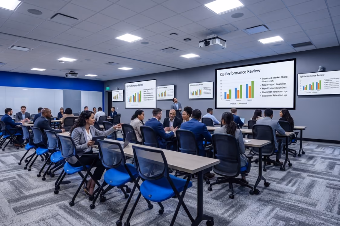 Modern training room with rows of blue and black mesh chairs and long wooden tables under ceiling lights and multiple screens displaying the 'nextspace' logo.
