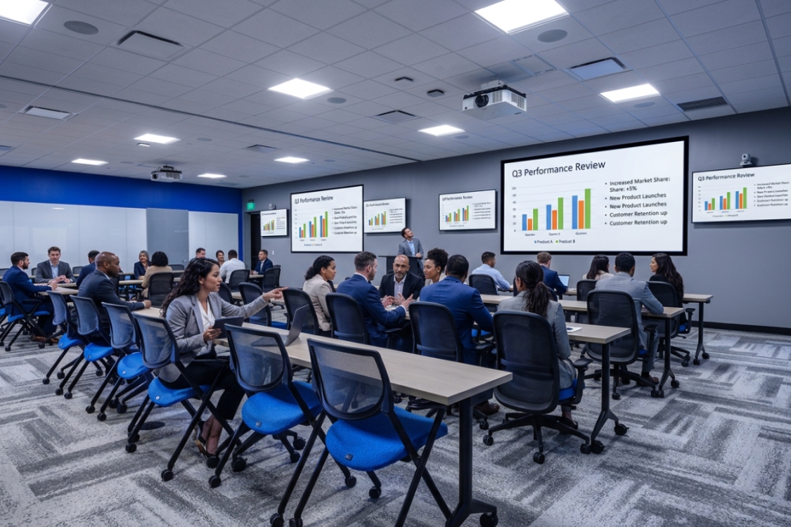 Modern training room with rows of blue and black mesh chairs and long wooden tables under ceiling lights and multiple screens displaying the 'nextspace' logo.