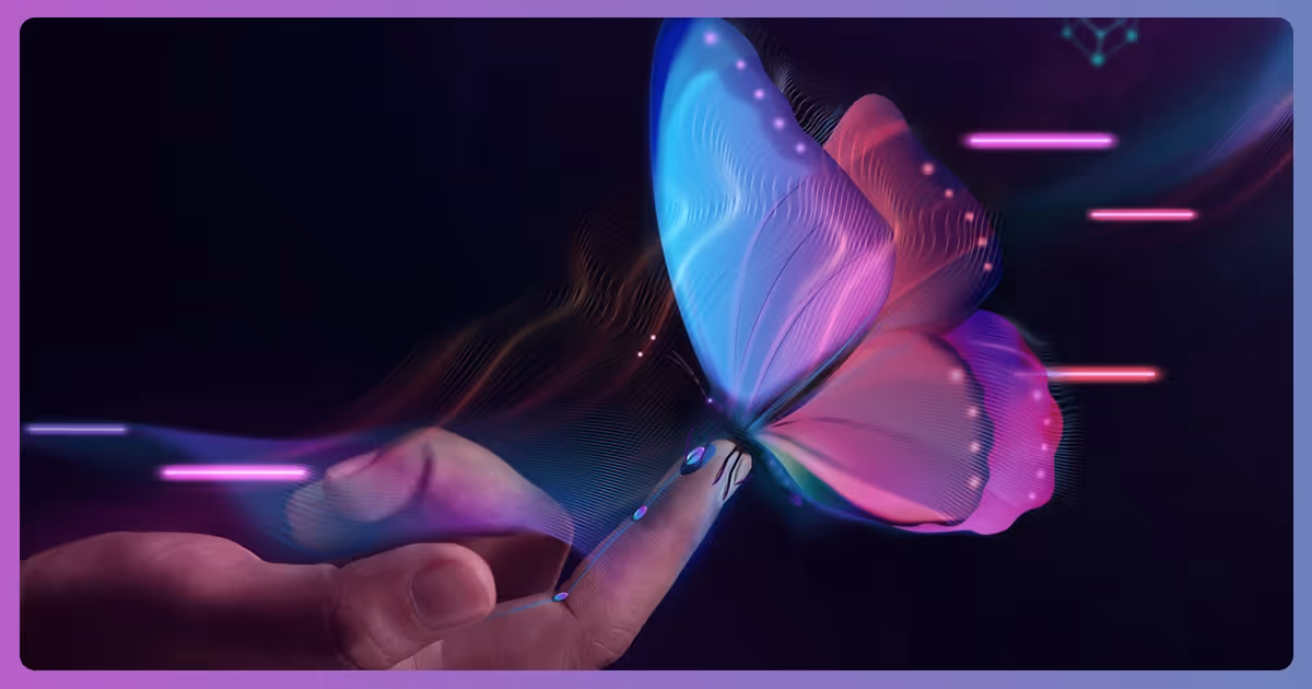 graphic depicting a digitized butterfly landing on an outstretched finger