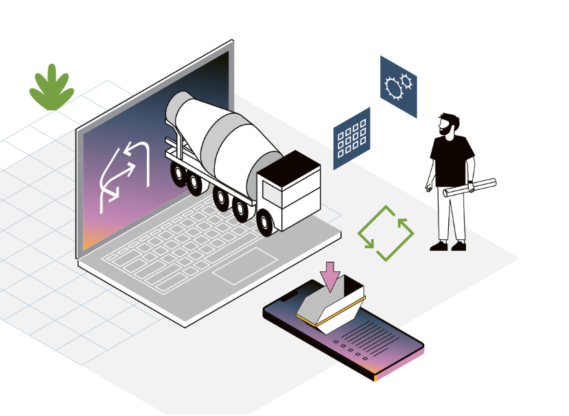 Isometrische Illustration der Branche Baustoff & Recycling mit einem Laptop, einem Betonmischer und einer Mulde.