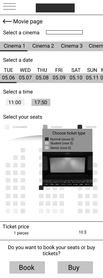 Seat selection wireframe with seat preview
