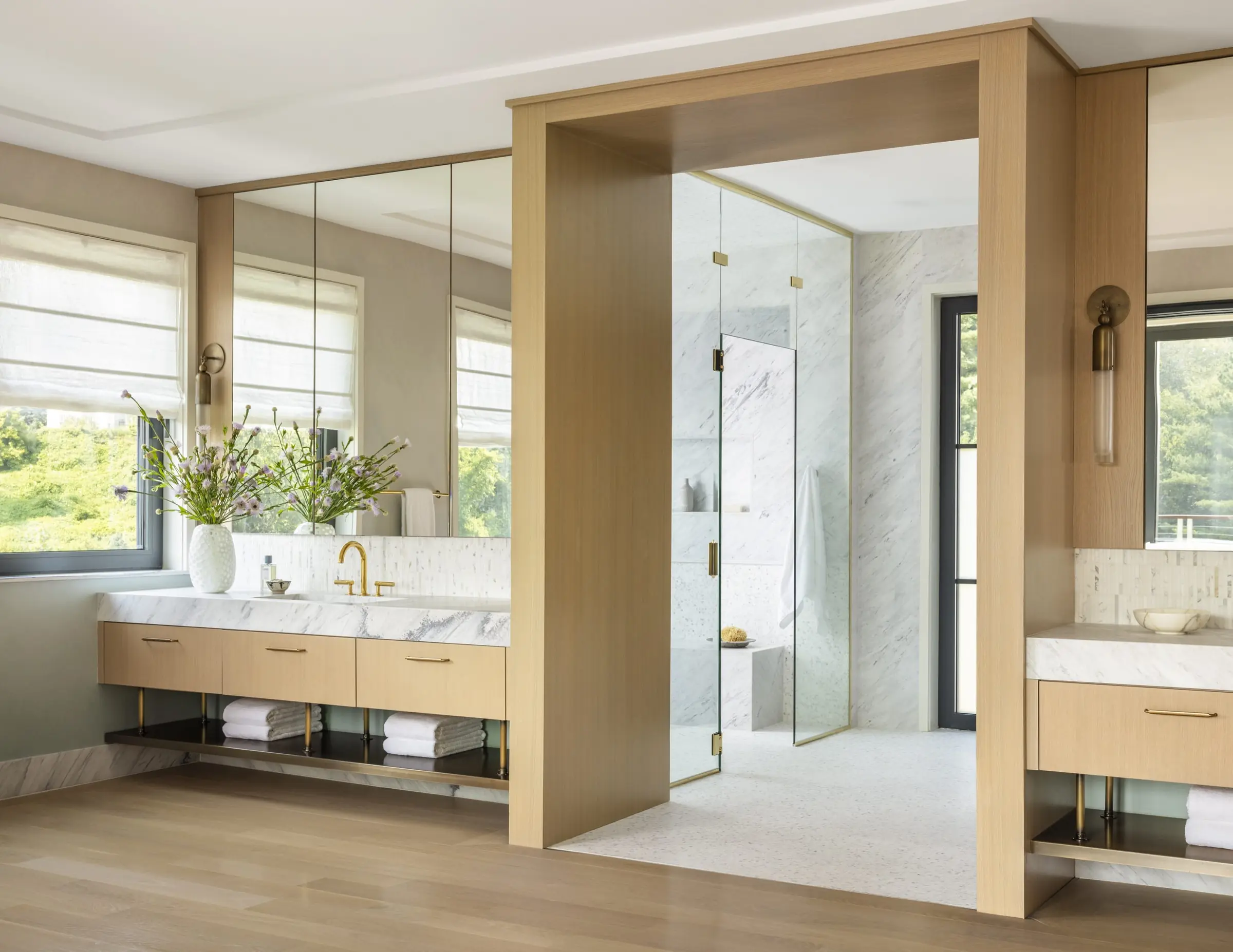 Bathroom with glass walk-in shower and custom wood vanity