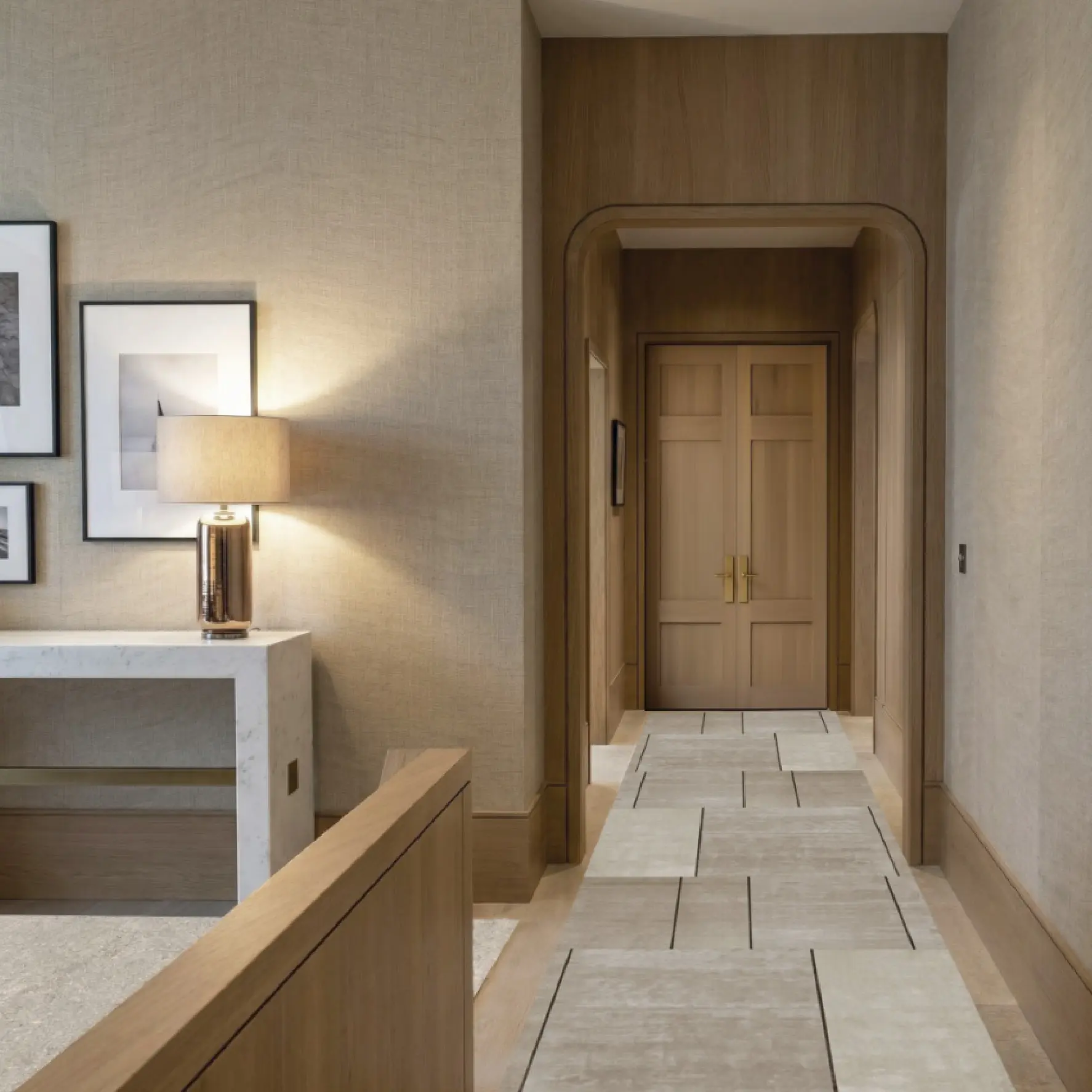 Hallway with marble console table and framed artwork