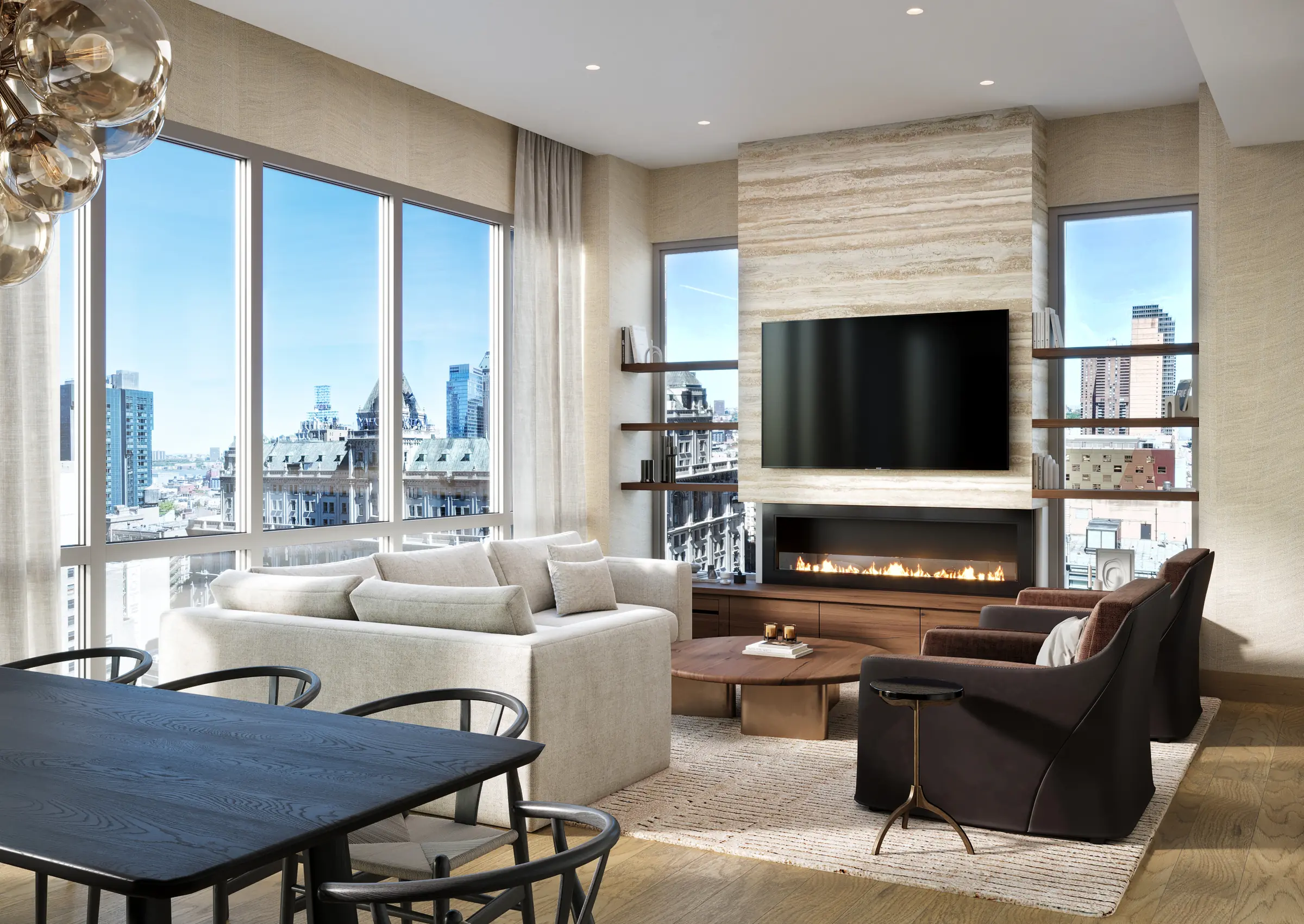 Living room with linear fireplace and Manhattan skyline views, bespoke interior design in NYC