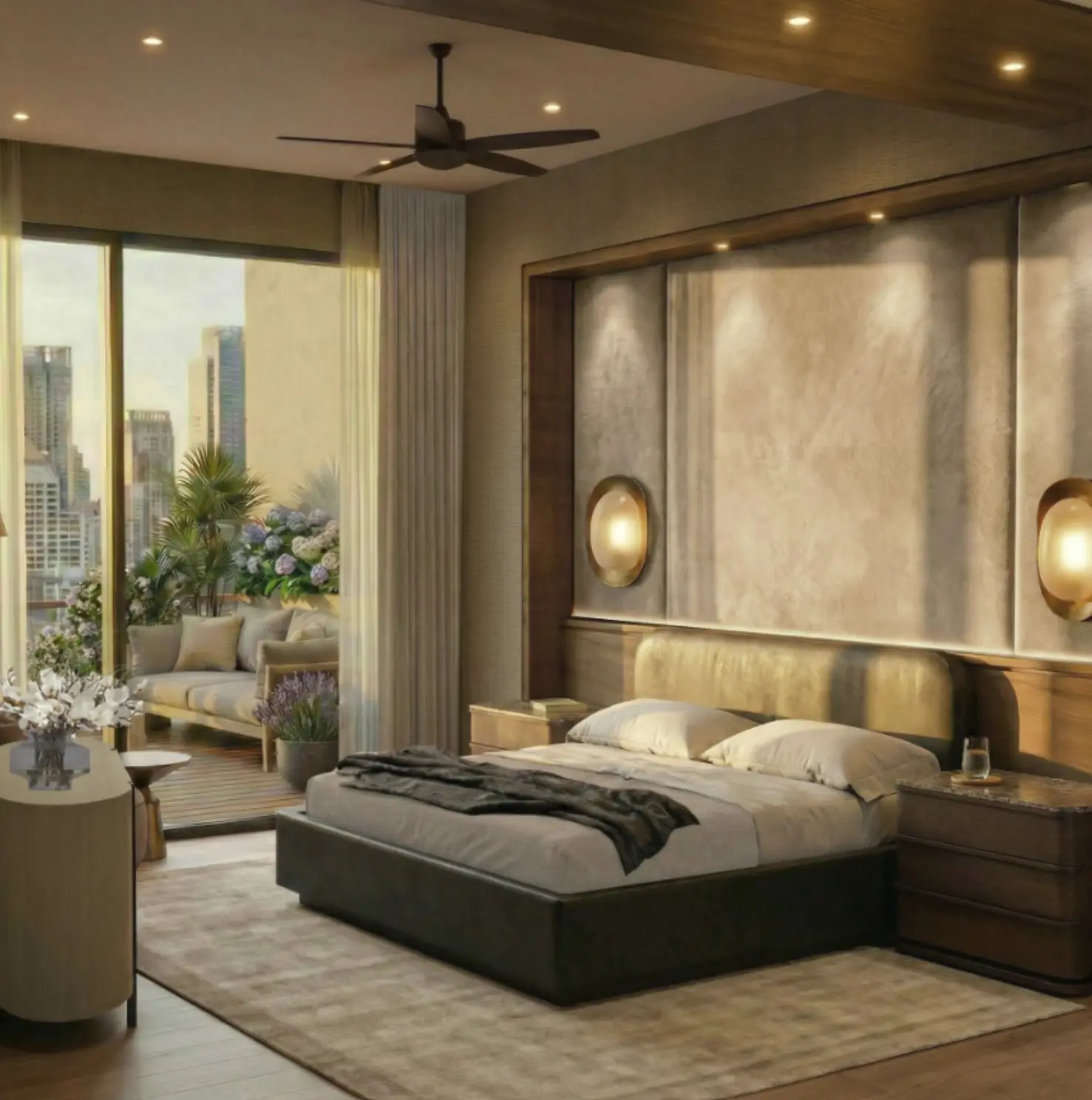 Primary bedroom with upholstered headboard and city-view sitting area, designed by one of the best interior designers in New York