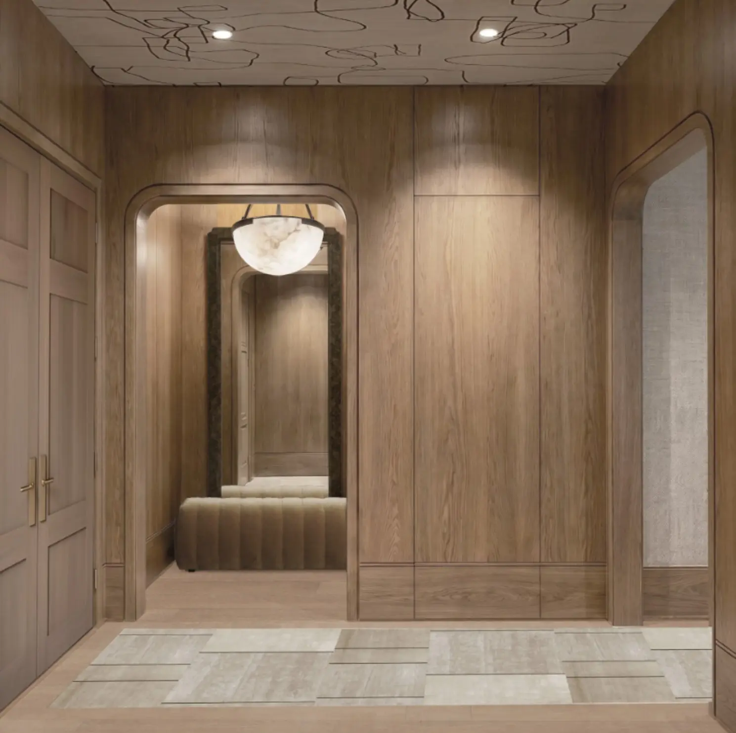 Entry foyer with wood paneling and arched mirror alcove