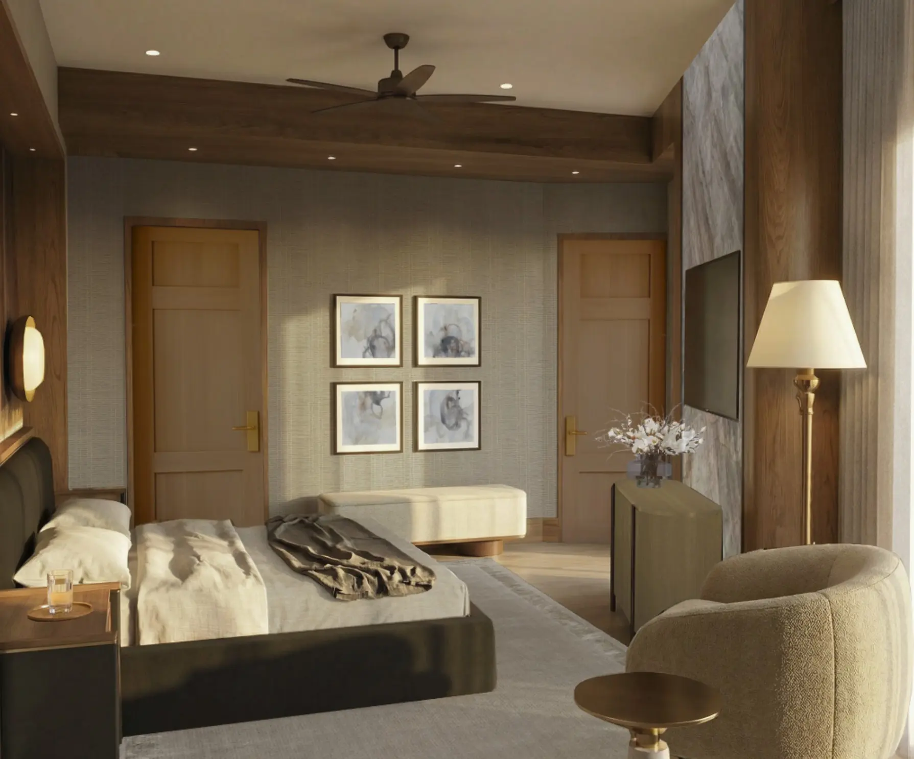 Primary bedroom with gallery wall and wood-paneled accent walls