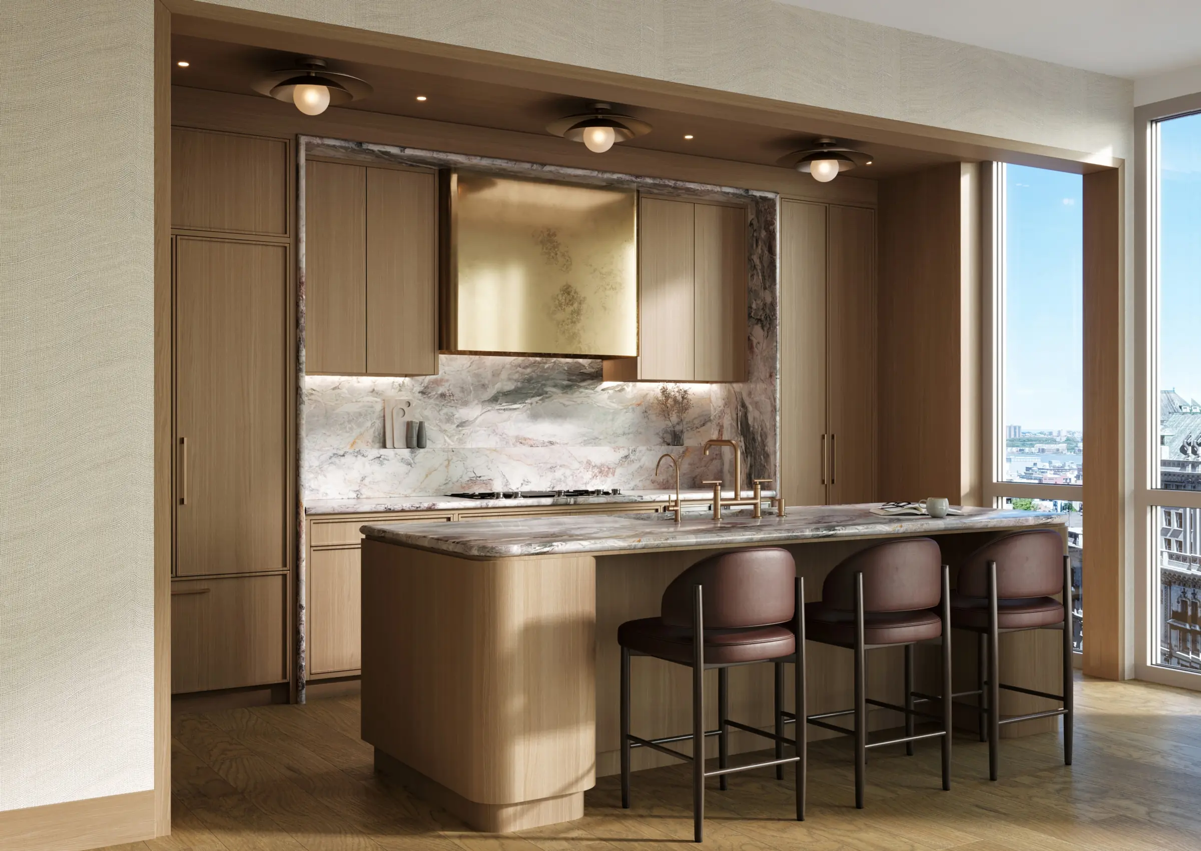 Kitchen island with leather bar stools and floor-to-ceiling windows