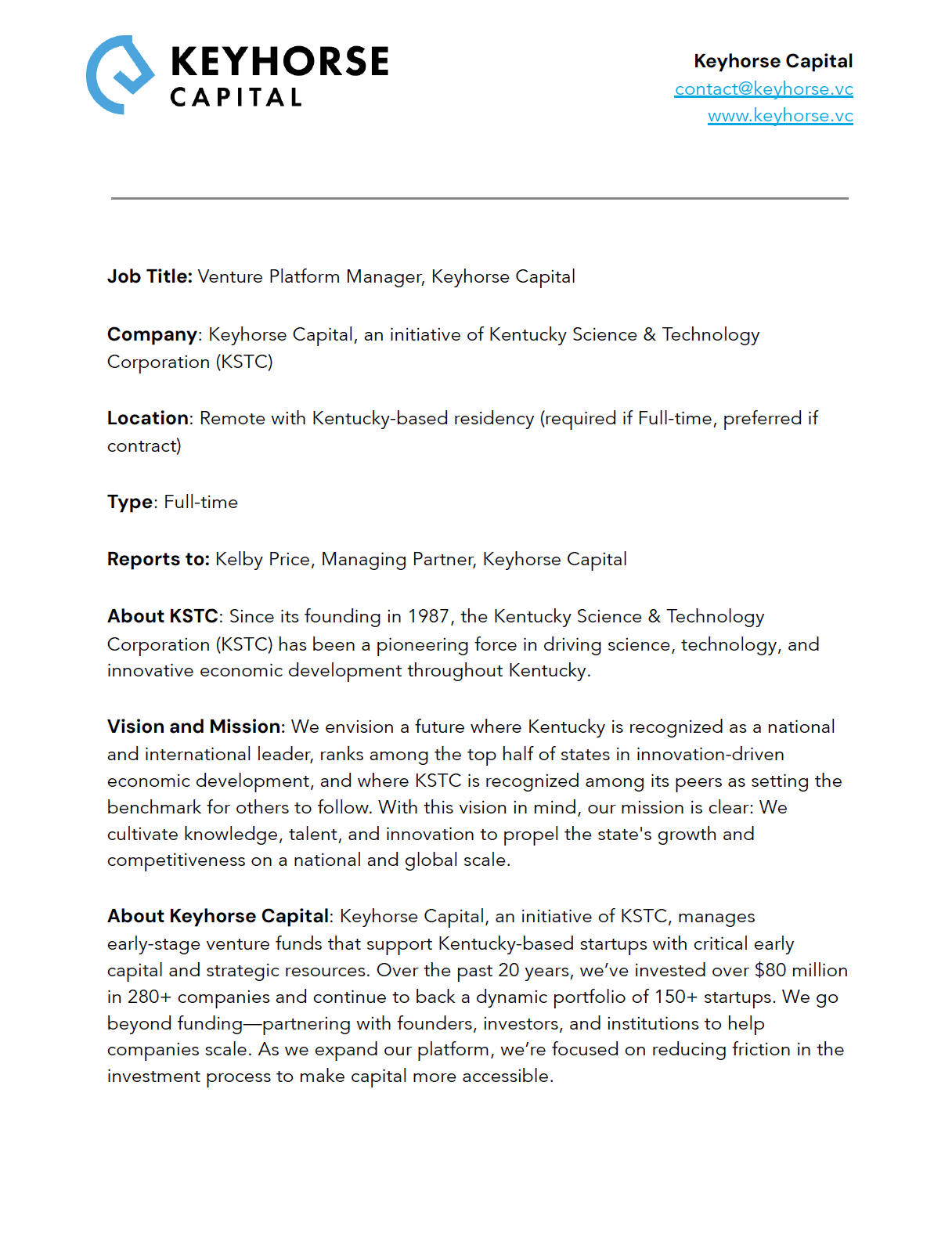 Image of a document detailing the job description for the Venture Platform Manager role at Keyhorse Capital.