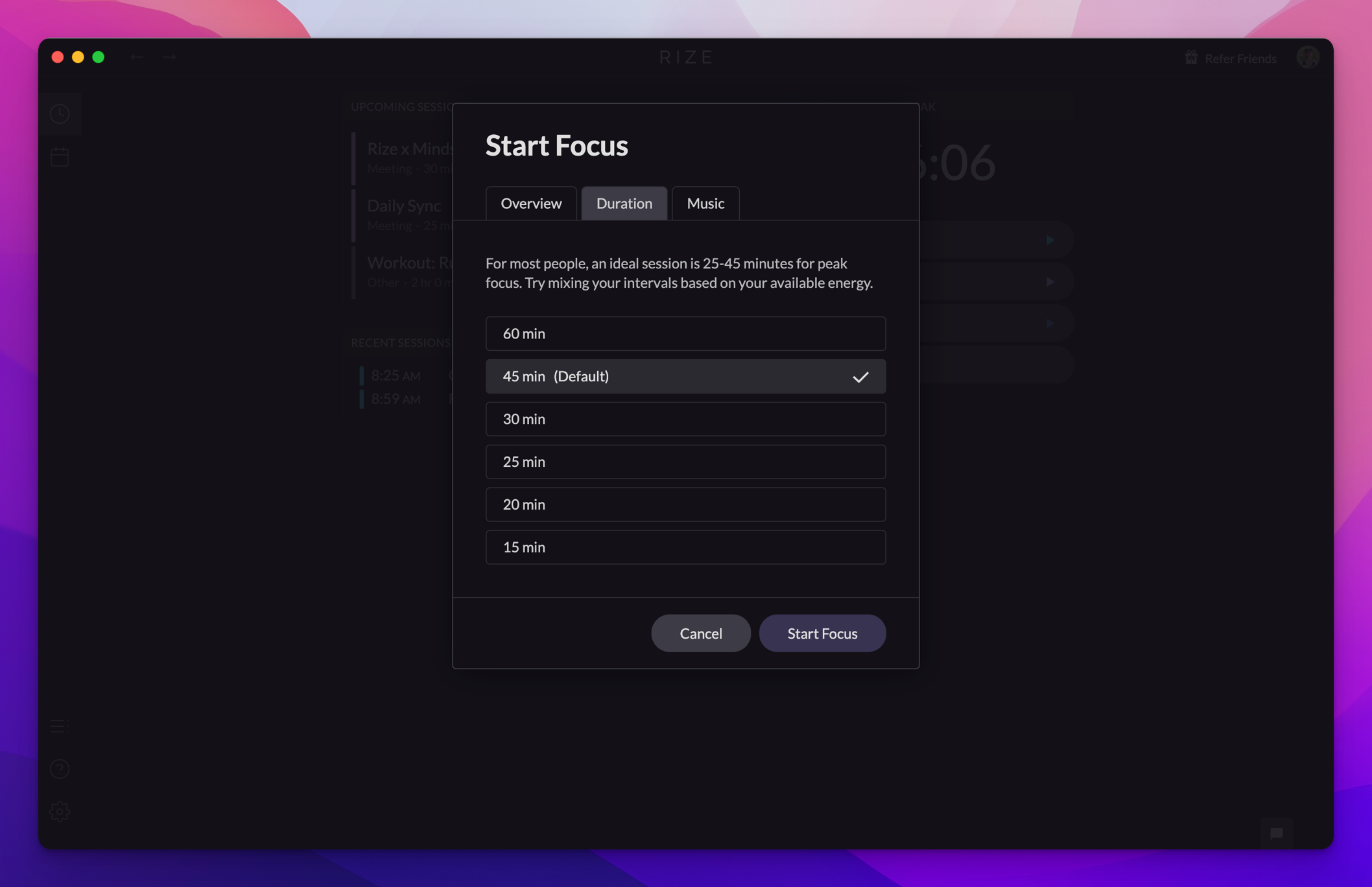 focus modal duration