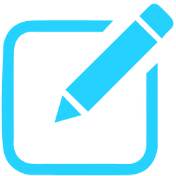Blue pencil icon overlaying a rounded square, symbolizing editing or writing.
