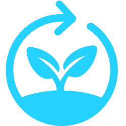 Blue icon of a plant with two leaves and a circular arrow indicating growth or sustainability.