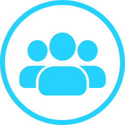 Blue icon of three people inside a blue circular border on a white background.