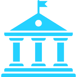 Blue icon of a classical building with three columns and a flag on top.