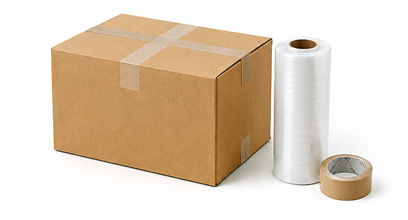 Recyclable packaging types displayed with parts in a recycling center with workers and conveyor belts in background.