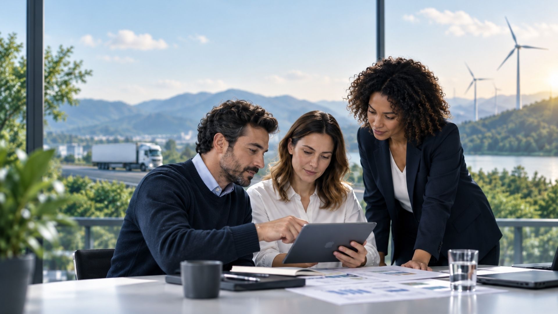 Three business professionals discussing work while looking at a tablet in a modern office with large windows, overlooking a scenic landscape with trees, mountains, wind turbines, and a truck on a road.