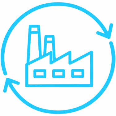 Blue line icon of a factory with two chimneys inside a circular arrow loop, symbolizing industrial recycling or sustainability.