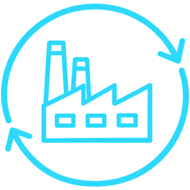 Blue line icon of a factory with two chimneys inside a circular arrow loop, symbolizing industrial recycling or sustainability.