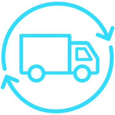 Blue outline icon of a delivery truck surrounded by a circular arrow indicating continuous or recurring service.