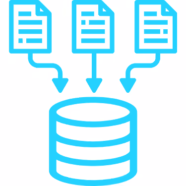 Three document icons with arrows pointing down into a centralized stacked cylinder icon representing data storage or database input.