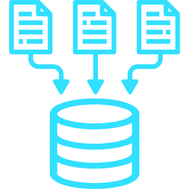 Three document icons with arrows pointing down into a centralized stacked cylinder icon representing data storage or database input.