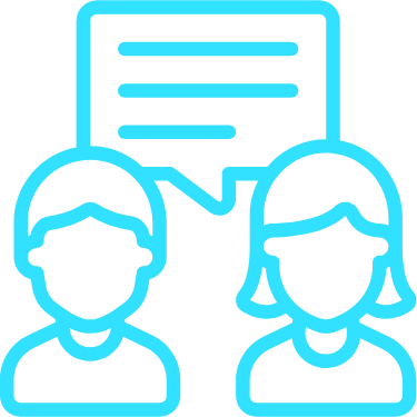 Blue outline icon showing a person and a woman with a speech bubble above them representing communication or conversation.