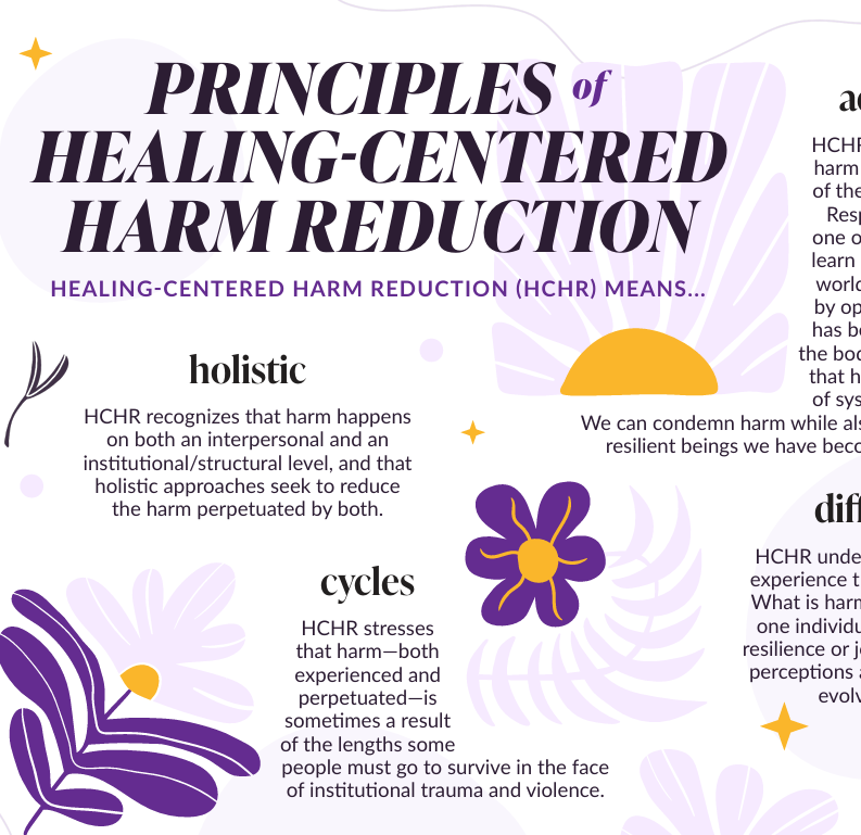 A 11 x 17 page with a white background, purple title and black text that lists the ten principles of healing centered harm reduction.