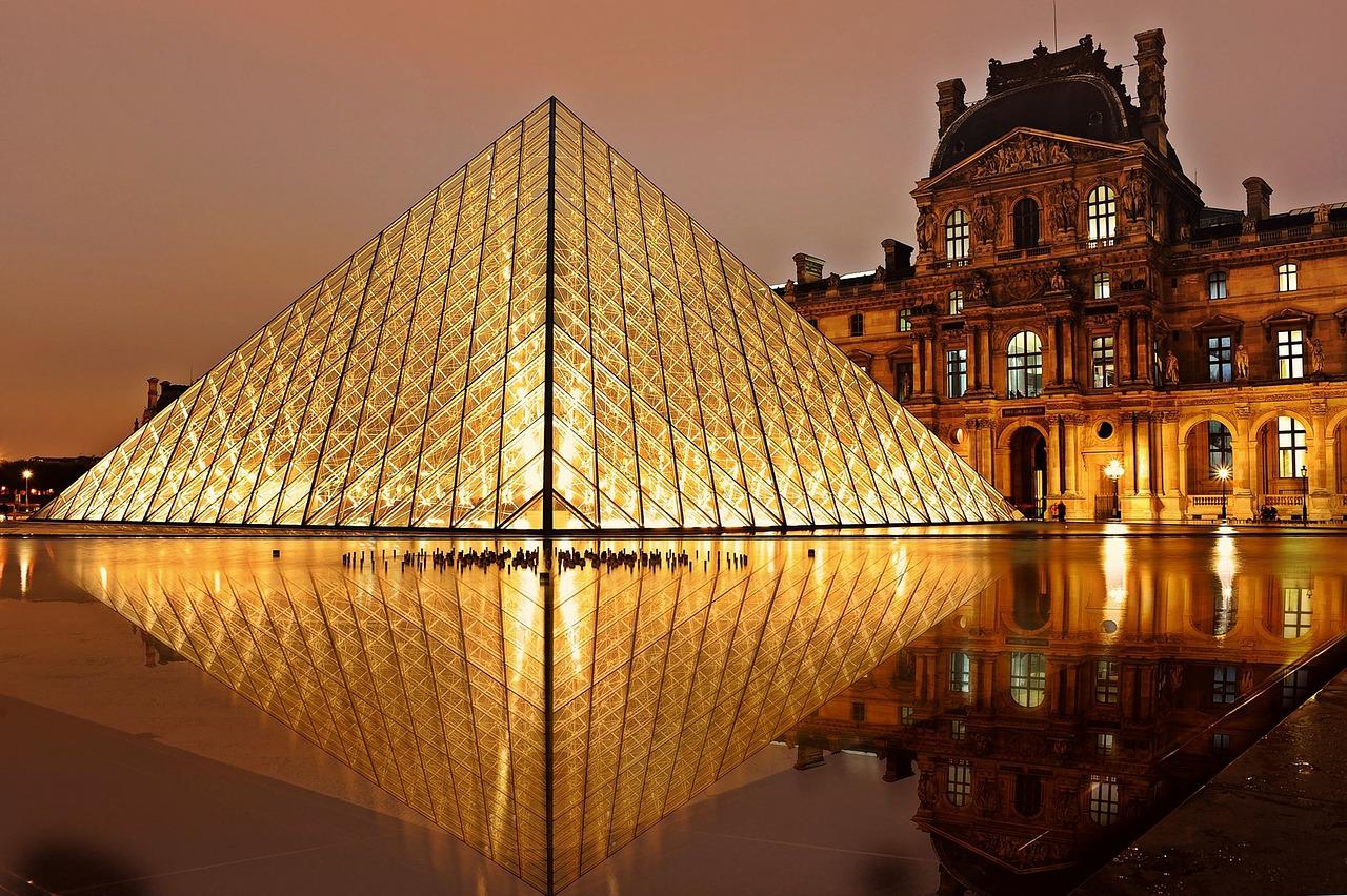 The Louvre pyramid at dusk, Paris