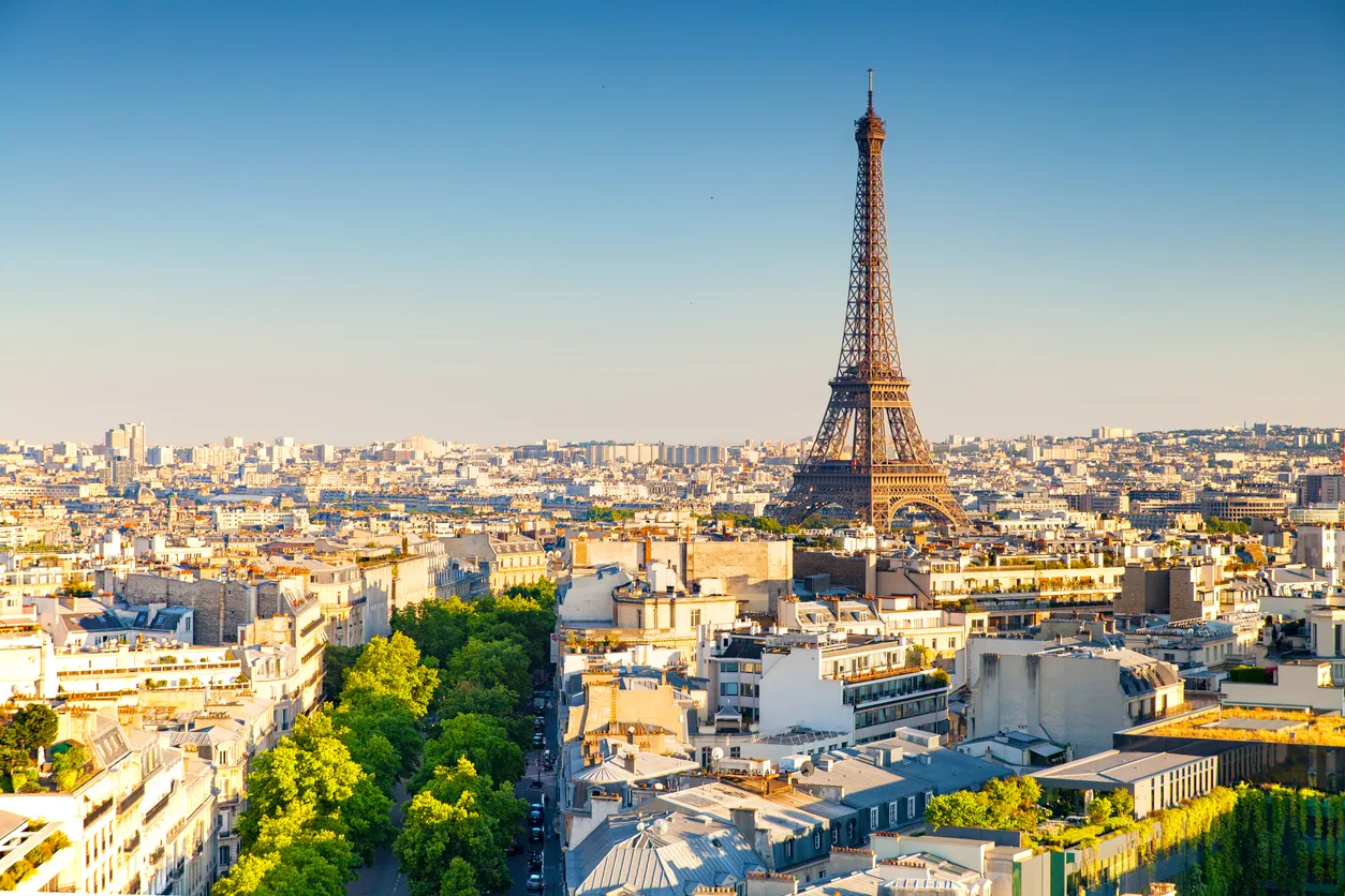 The Eiffel Tower above the rooftops of Paris