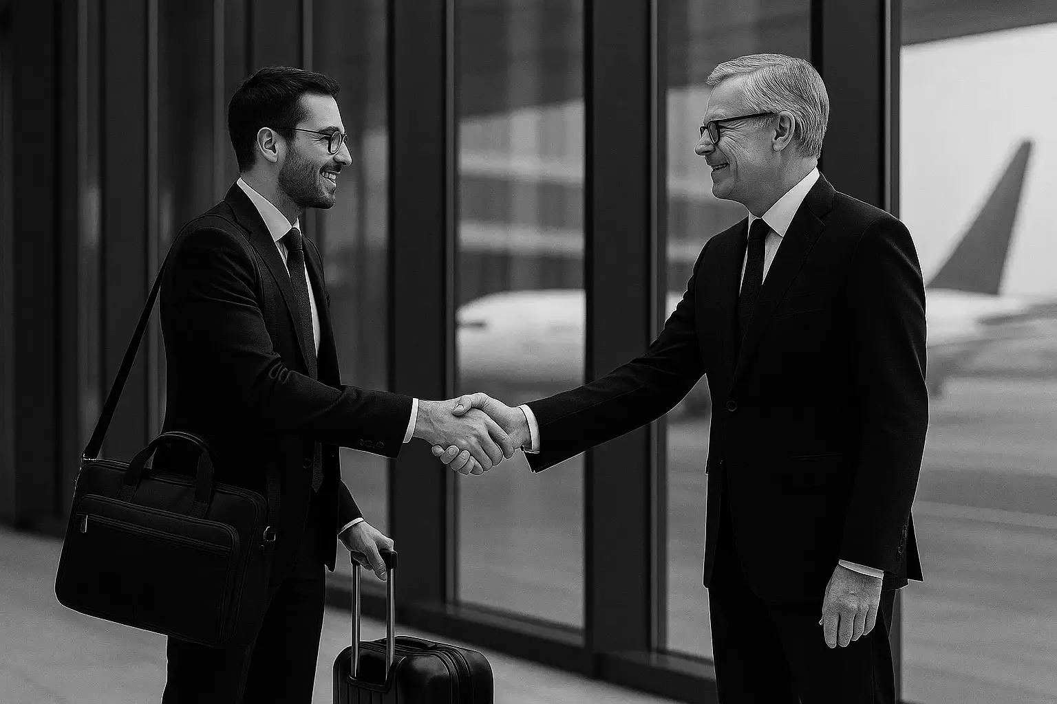 Two businessmen shaking hands in an airport terminal, aircraft behind the glass, black and white
