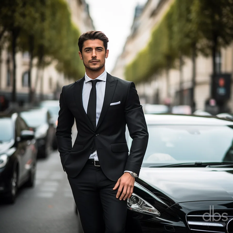 DBS EXPERIENCE chauffeur beside the car in Paris, cinematic full-height composition