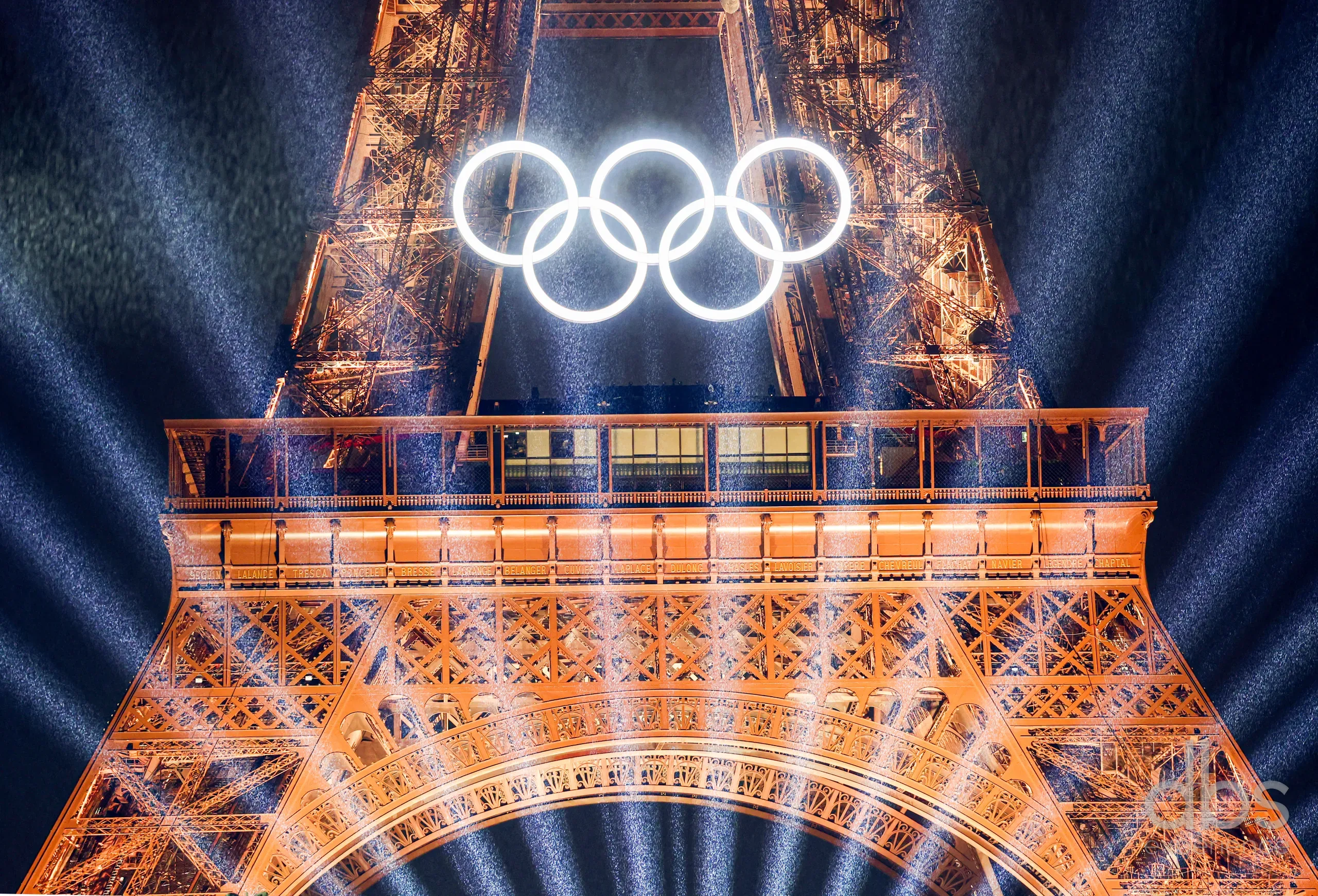 The Eiffel Tower lit with the Olympic rings during Paris 2024