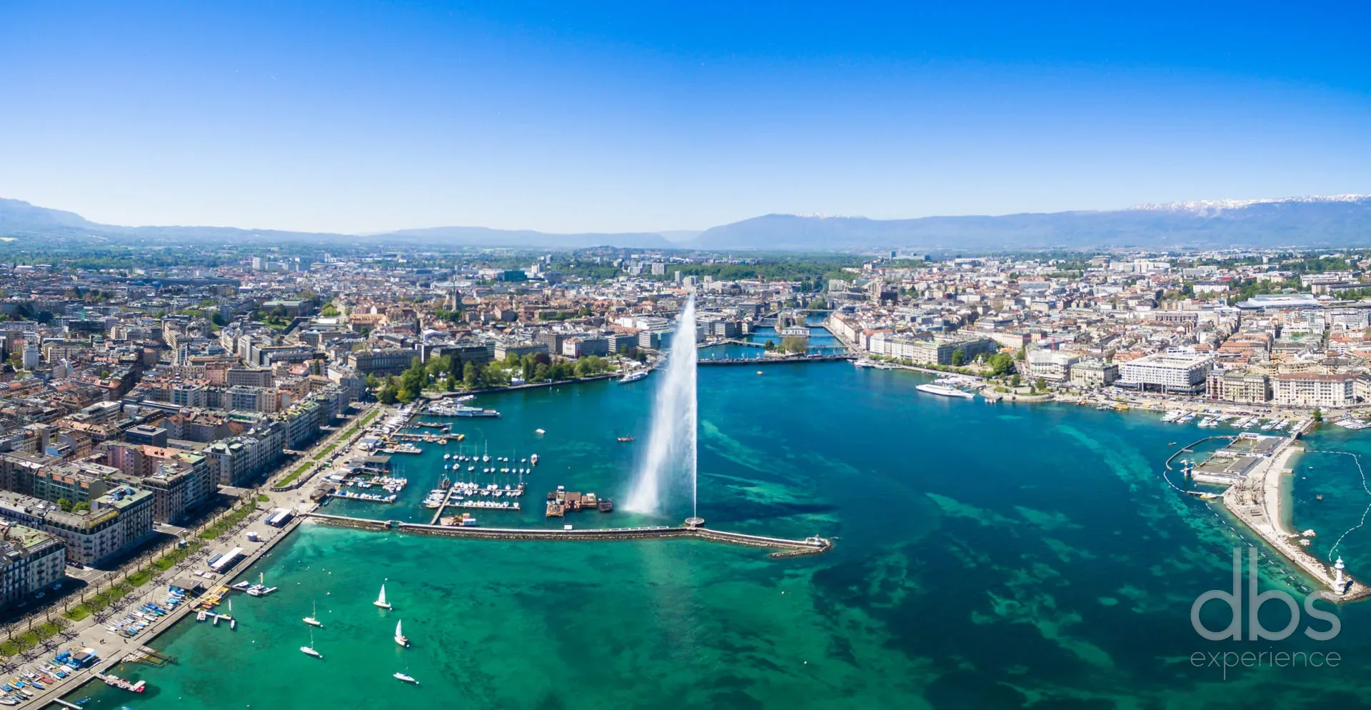 Aerial view of Geneva and the Jet d'Eau on Lake Geneva on a clear day