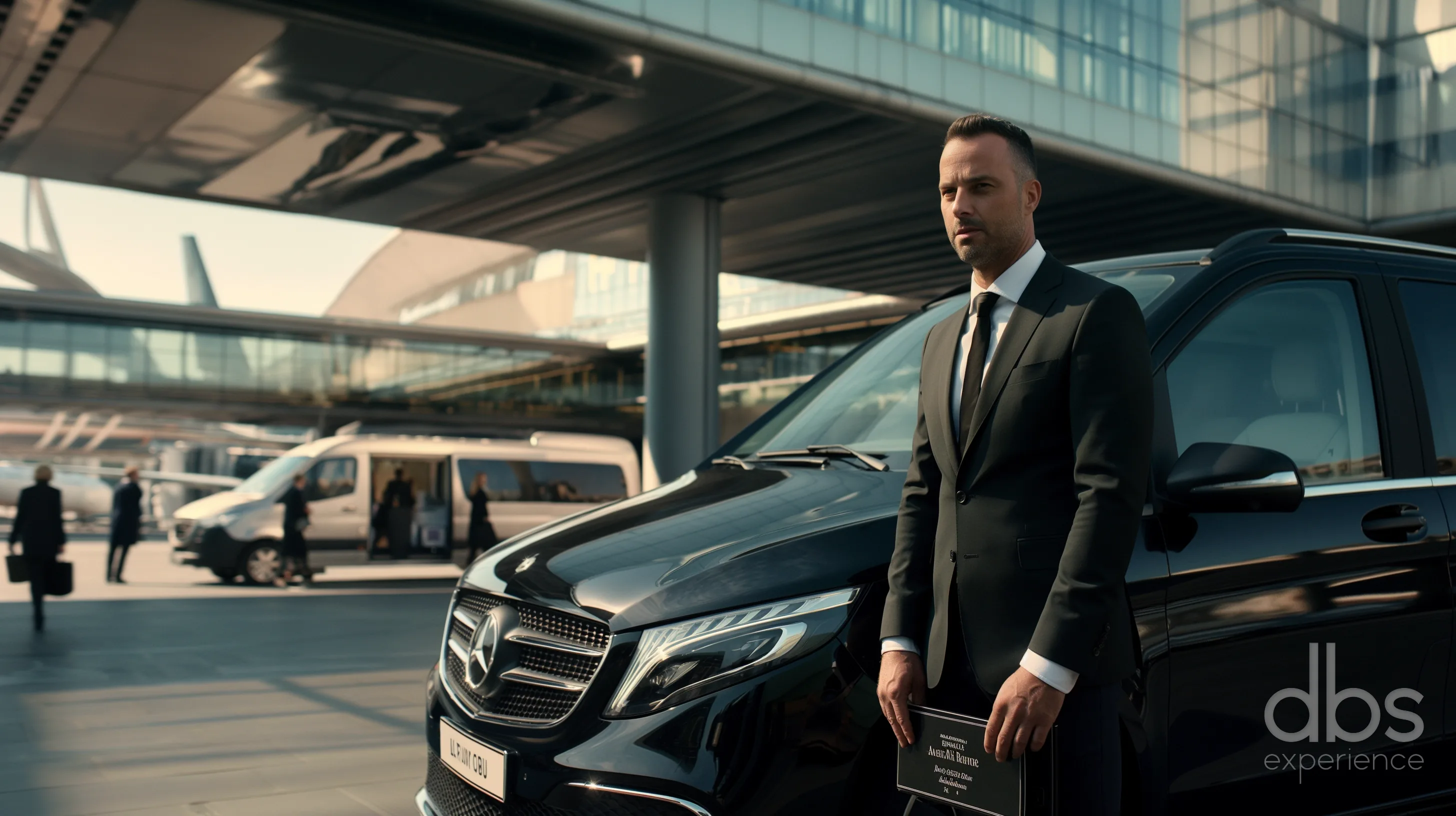 A chauffeur-driven Mercedes V-Class at a Paris airport terminal